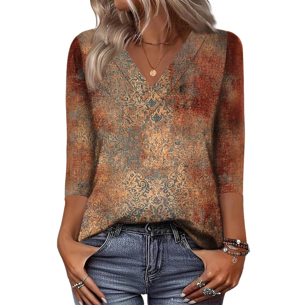 Women's 3/4 Sleeve Shirts V Neck Print Tops Casual Tops Basic Tees Blouse Loose Tops