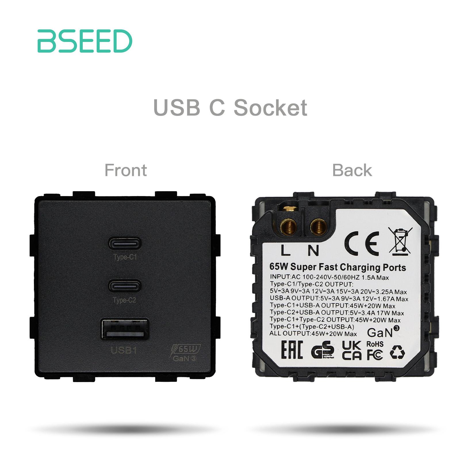 

BSEED 65W USB C Розетка Вставні Модулі Половина USB Подвійний Type-c Порти Швидкої Зарядки Для Домашнього Використання DIY Компоненти Вільна Комбінація Black
