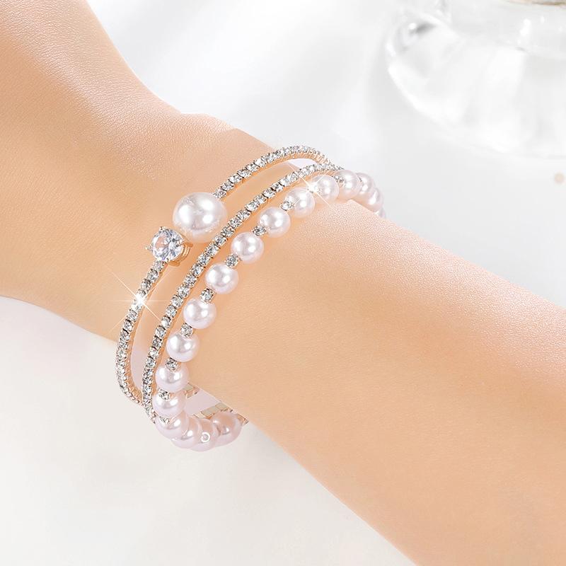 Pearl zircon open bracelet bridal multi-layer full diamond bracelet banquet claw chain rhinestone bracelet