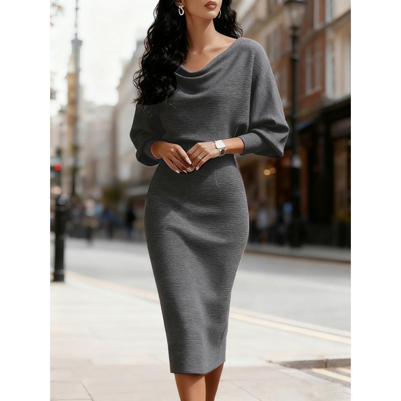 2025 European & American Autumn/Winter Batwing Long Sleeve Waist-Cinching Slim Dress