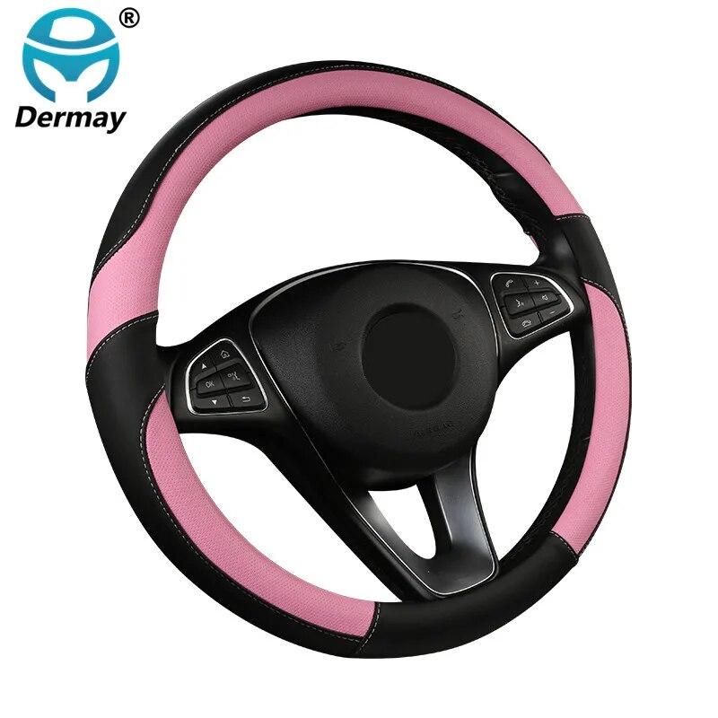 DERMAY  New Car Steering Wheel Cover PU Leather M Size Fit Standard Steering Wheel 37-38cm(14-15") Non-slip & Easy Install