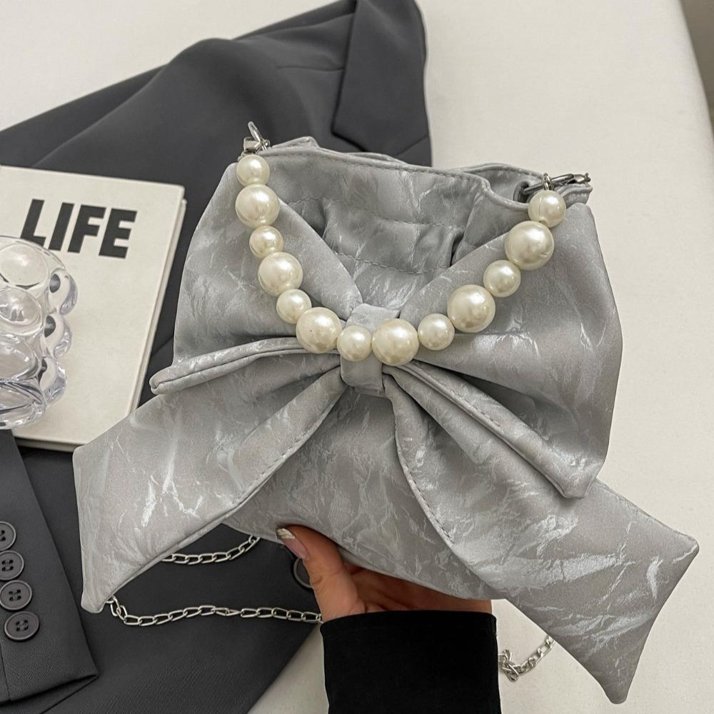 Elegant Big Bowknot Shoulder Bag Pearl Chain Crossbody Bag Portable Drawstring Bucket Bag  Girls