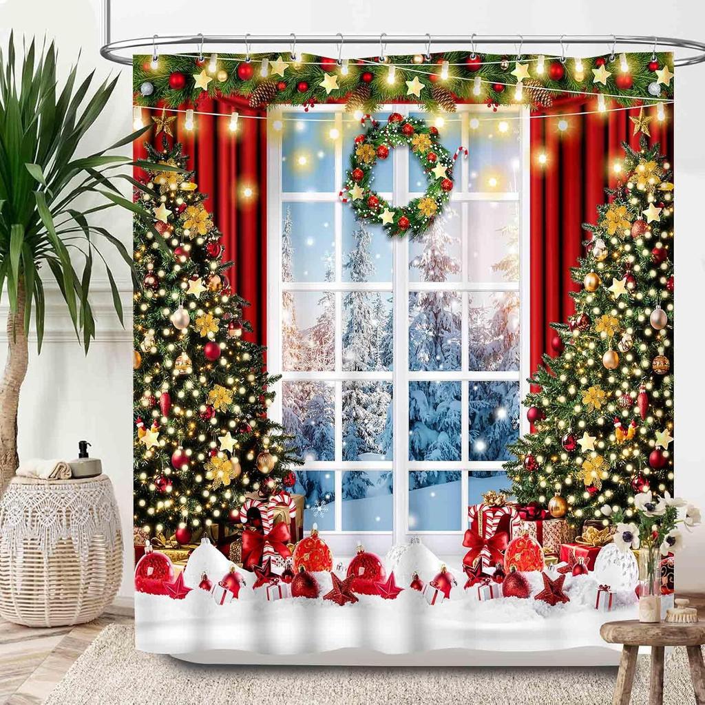 Christmas Shower Curtain,Winter Fireplace Xmas Trees Gifts Printed New Year Waterproof Fabric Bathroom Shower Curtain Set with