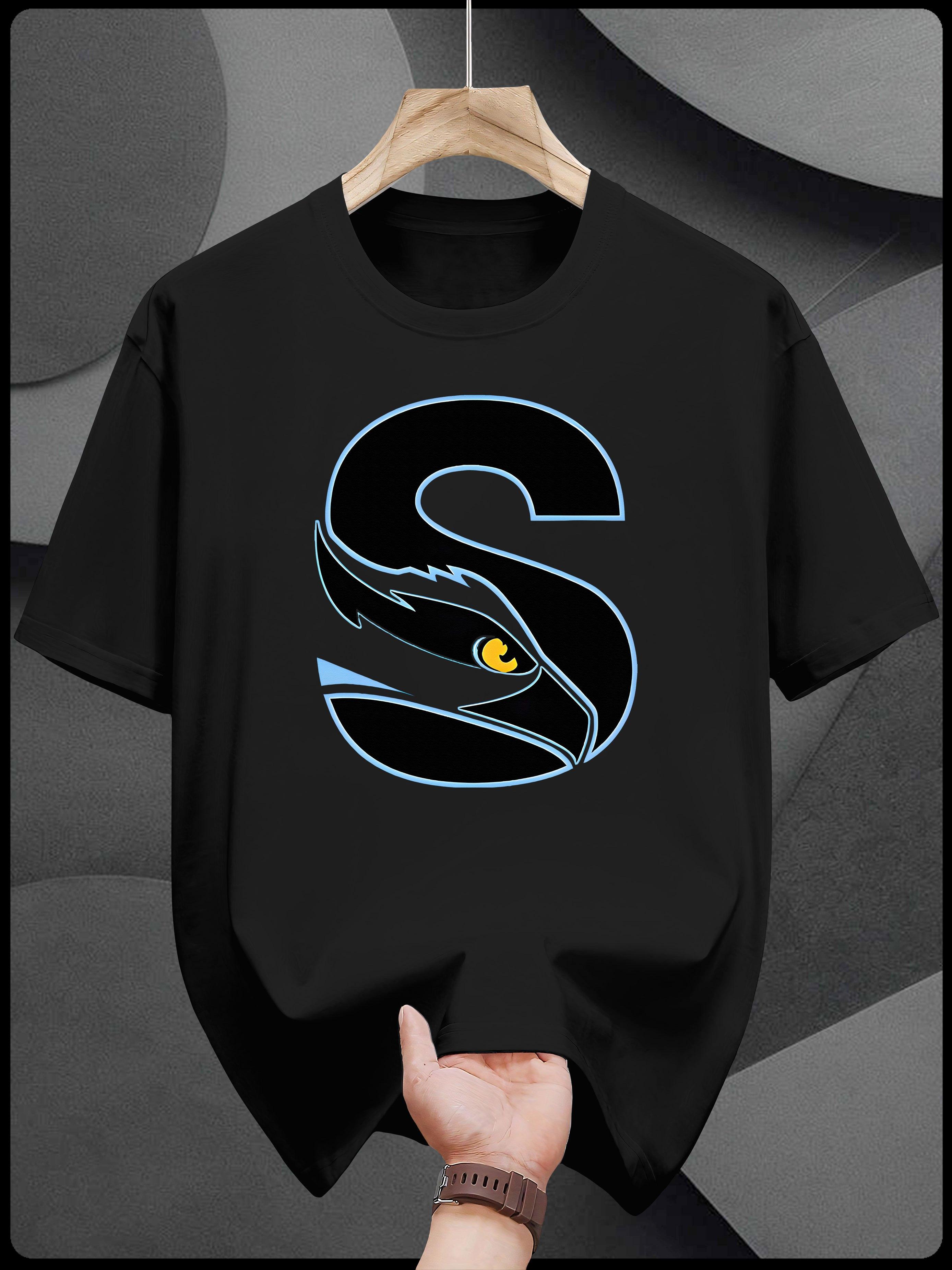 Heavyweight 200gsm Cotton T-shirt - Black Crew Neck Tee with Bold Blue S Graphic Print XXXL
