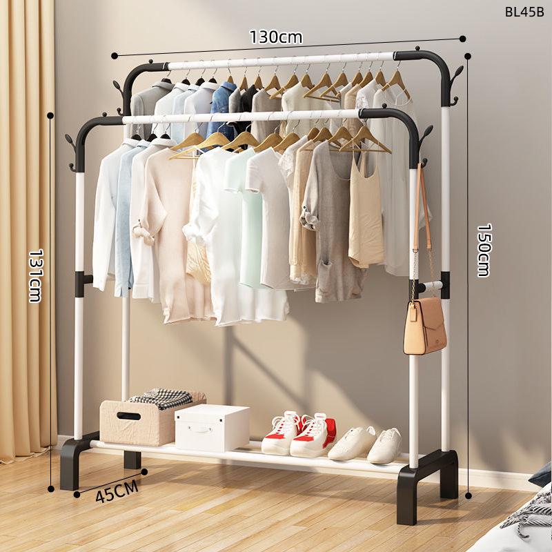 Minimalist Indoor Floor-Standing Coat Rack with Double Pole and Shelf for Bedroom or Balcony