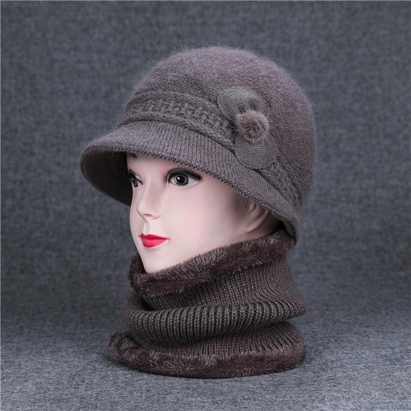 Ji Middle-Aged And Elderly Women'S Basin Hat Grandma Knitted Wool Hat Old Man Hat Rabbit Fur Flower Mother Hat Scarf