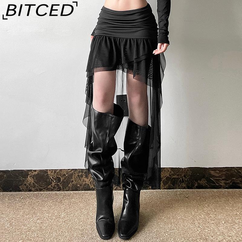 BITCED Fall Solid Color High-Waisted Sexy Mesh Ribbon Short Skirt for Women