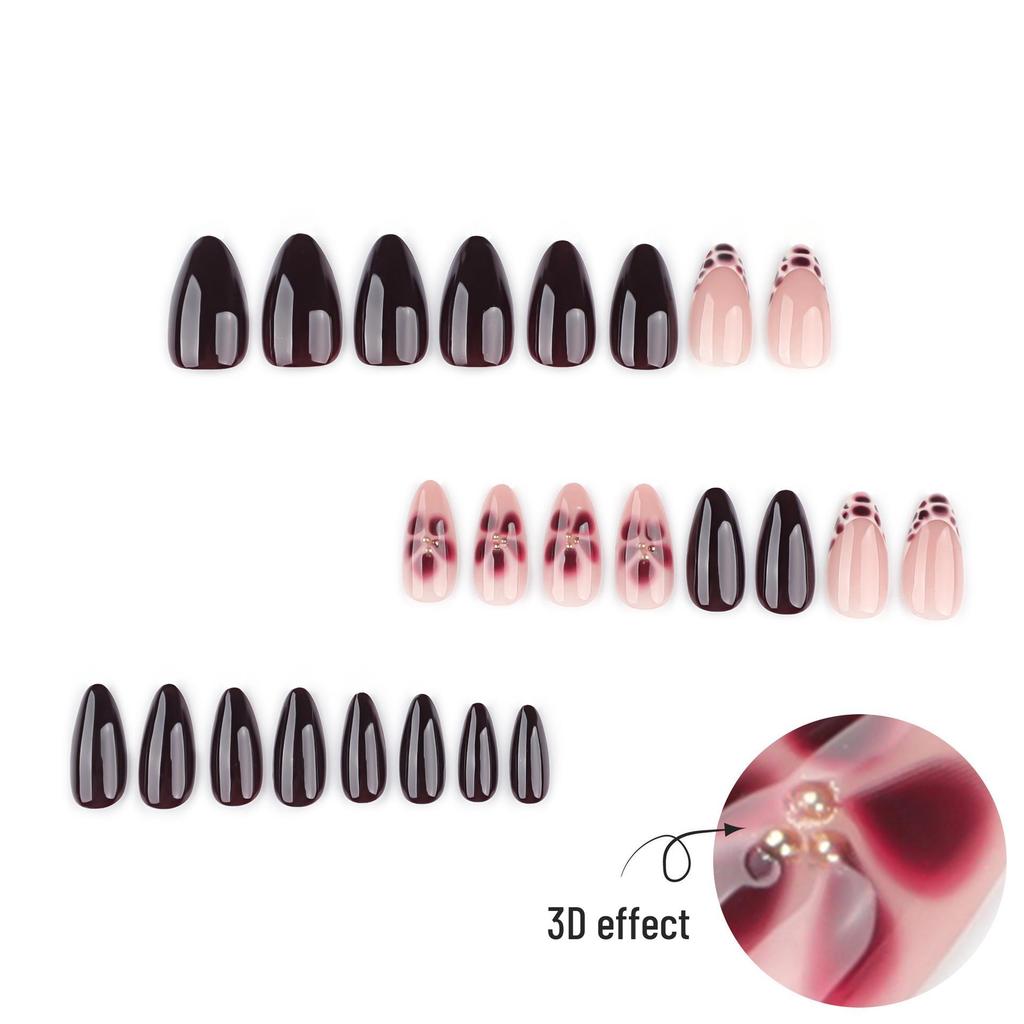3D French Leopard Print Wearable Wine Red False Nails - Short Autumn/Winter Floral Design Manicure