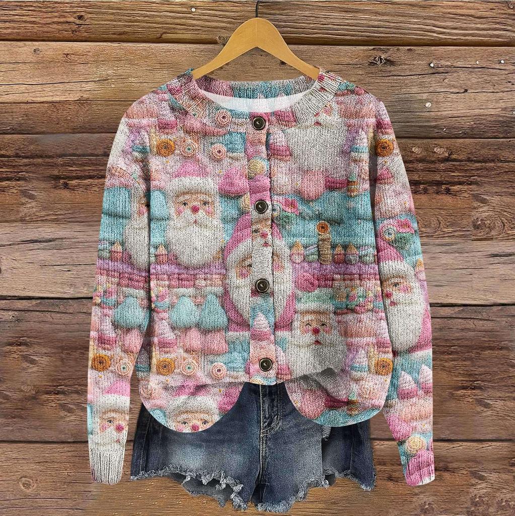 Women's Vintage Knit Button Christmas Print Cardigan Jacket