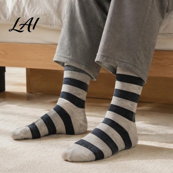 Moisture Wicking Athletic Socks 1 Pair Men's Stripe Crew Socks Mid-Calf Dress for Business Breathable Commuter Cotton Casual with High-Elastic