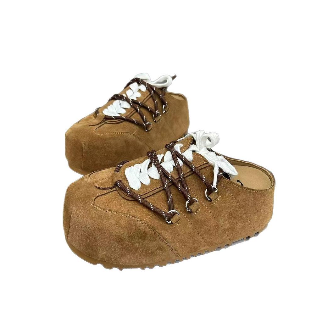European thick-soled bag head slippers women's 2025 spring new high-end leather lace-up Boken shoes outer lace-up slippers