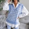 V-neck Checkered Knitted Vest Women Sweater Casual Loose Commute Simple Base Shirt Autumn and Winter
