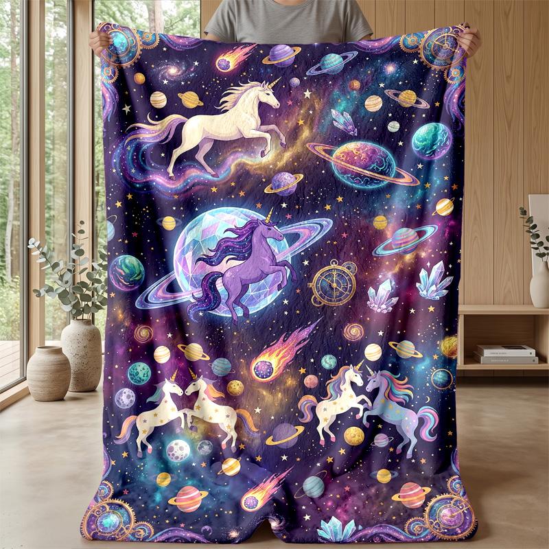 Cosmic Unicorn with Flowers Blanket Personalized Name Flannel Blanket Soft Cozy Plush Throw for Sofa Bed Lightweight Home Decor