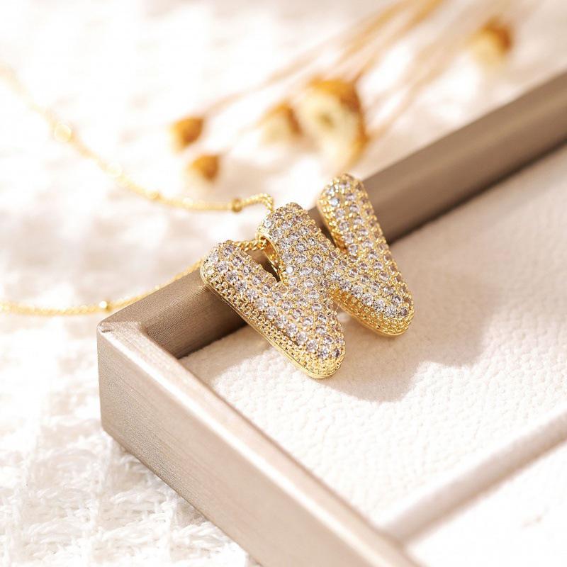 26-Letter Alphabet Pendant Necklace with Copper Clavicle Chain and Micro-Inlaid Zircon