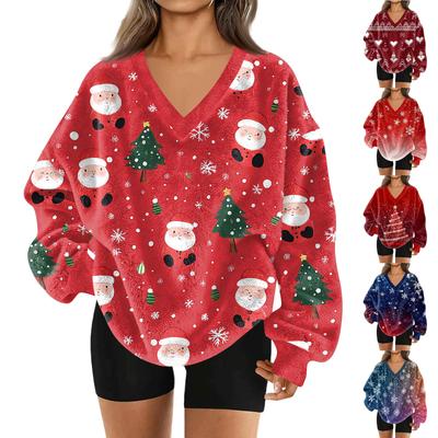 Women's Fashion Casual Long Sleeve Christmas Printed V-Neck Top Sweatshirt