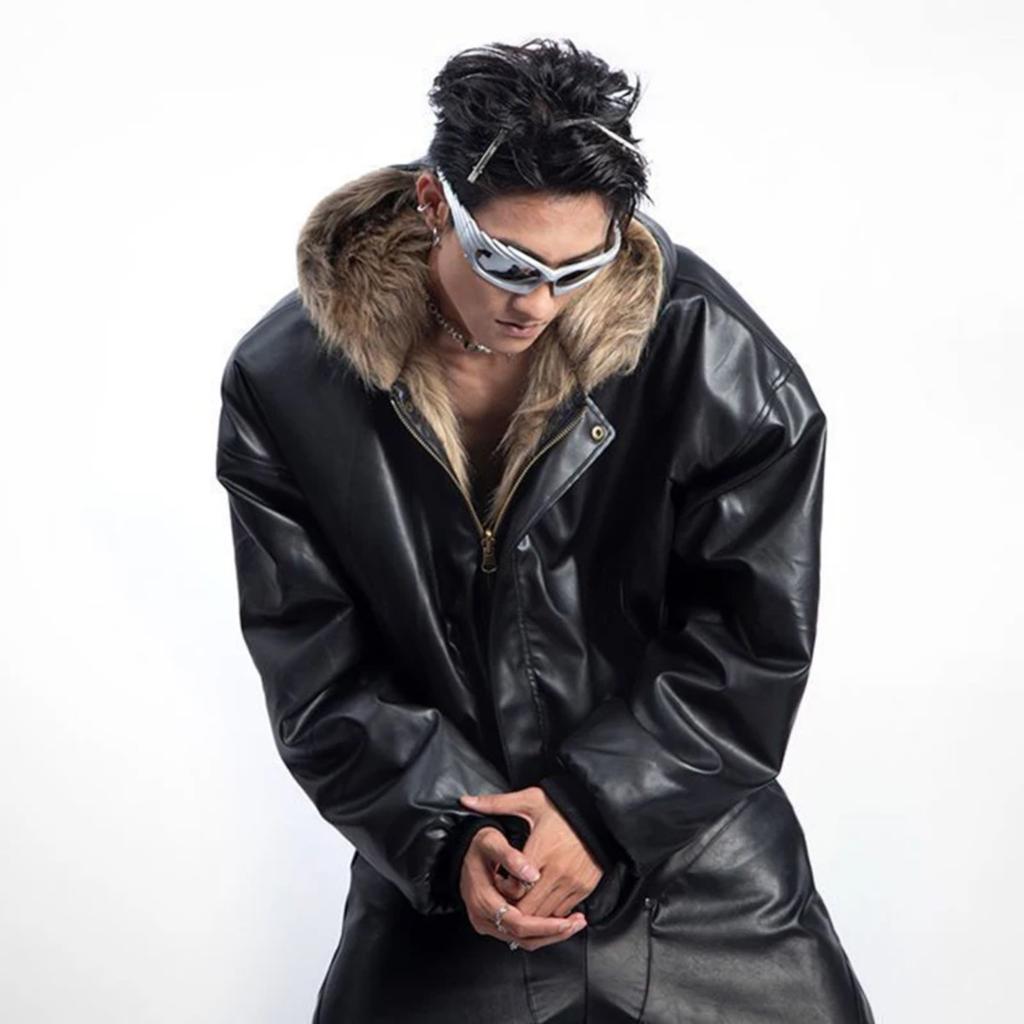 STREETRICH Pánské prošívané bundy Americký styl PU kůže Oboustranné Faux Fur Fleece Zesílené Jednobarevné Volné Pánské kabáty Trendy