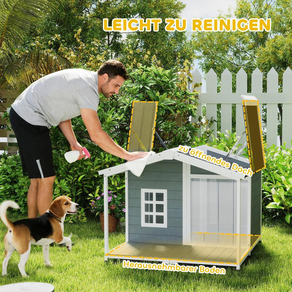 Dog House Weatherproof Elevated Dog House Made of Wood with Asphalt Roof, Terrace, for Medium-Sized Dogs 103x107x83.5cm Grey