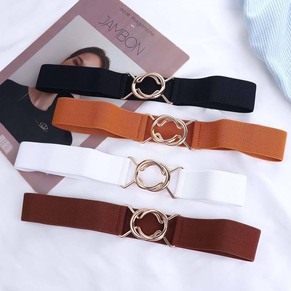 Solid Color Knot Gold Round Buckle Belt Women Waistband Female Waist Strap Elastic Waist Belt