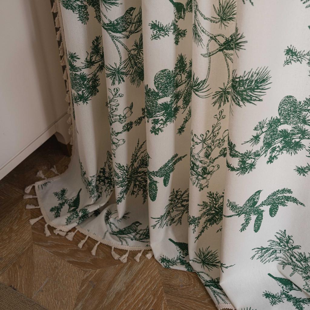 Green Floral Farmhouse Curtains Living Room Semi-Blackout Drapes Cotton Linen Boho Window Curtain with Tassel Decor, Rod Pocket