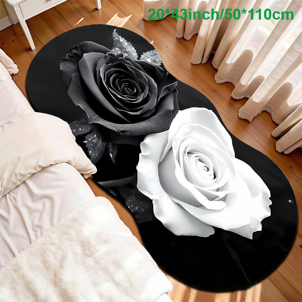 1pc Luxury Black White Rose Carpet, Durable Non-Slip Washable Indoor Rug For All Seasons, Halloween Thanksgiving Christmas Decor