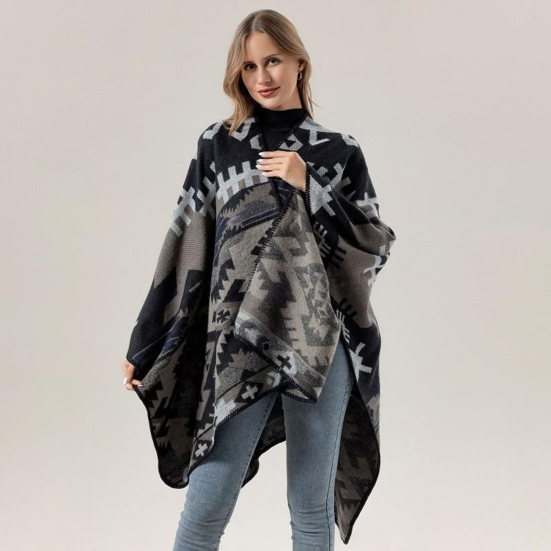 Boho Knit Shawl Women Men Lightweight Warm Wrap Scarf Fall Winter Ethnic Patterned Cape