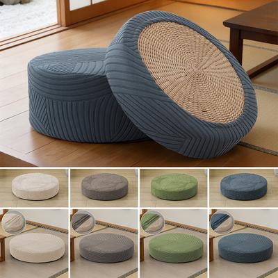 Removable Elastic Floor Cushion Cover Woven Tatami Pouf Protector Striped Round Seat Cover for Yoga Meditation Home Decoration