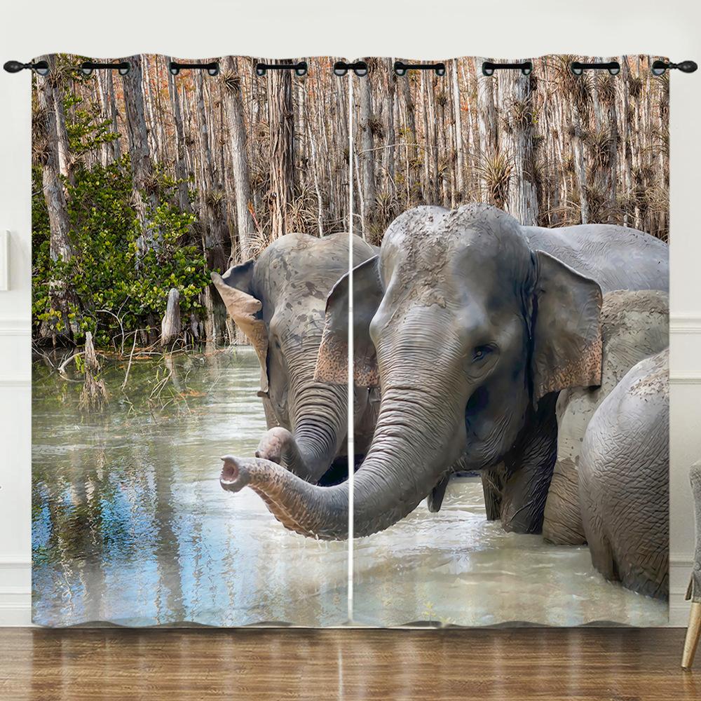 Curtain African Elephant Animal 3D Digital Printing Blackout Curtain Punching