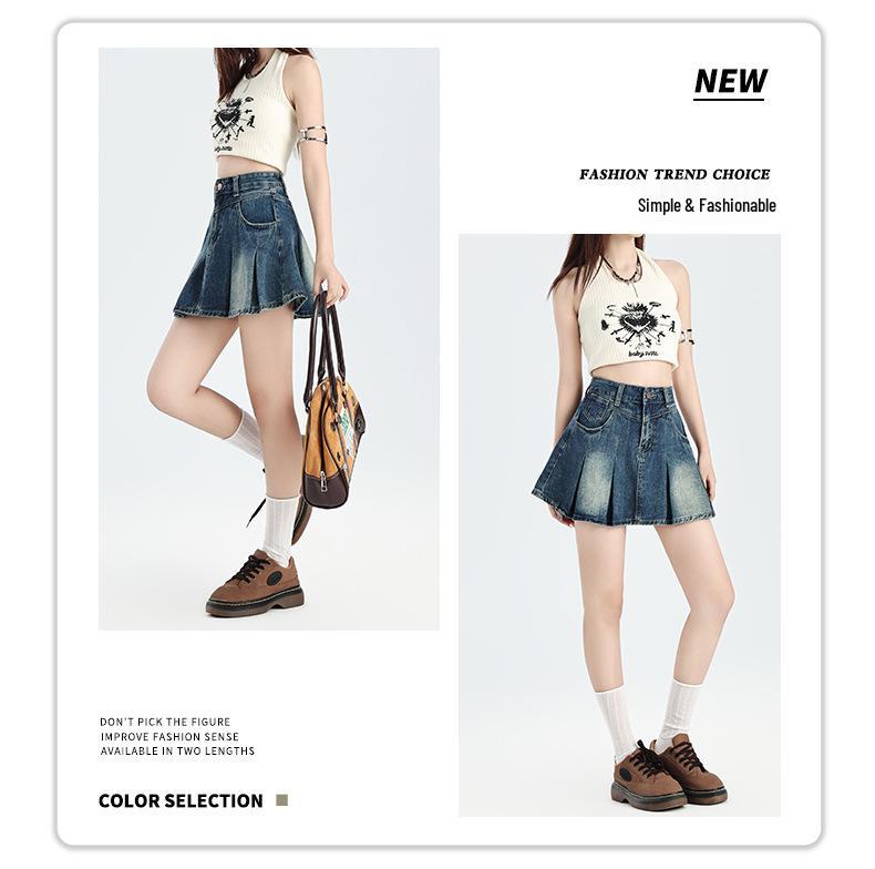 Spring-Summer High Waist Retro Denim Pleated Mini Skirt for Women
