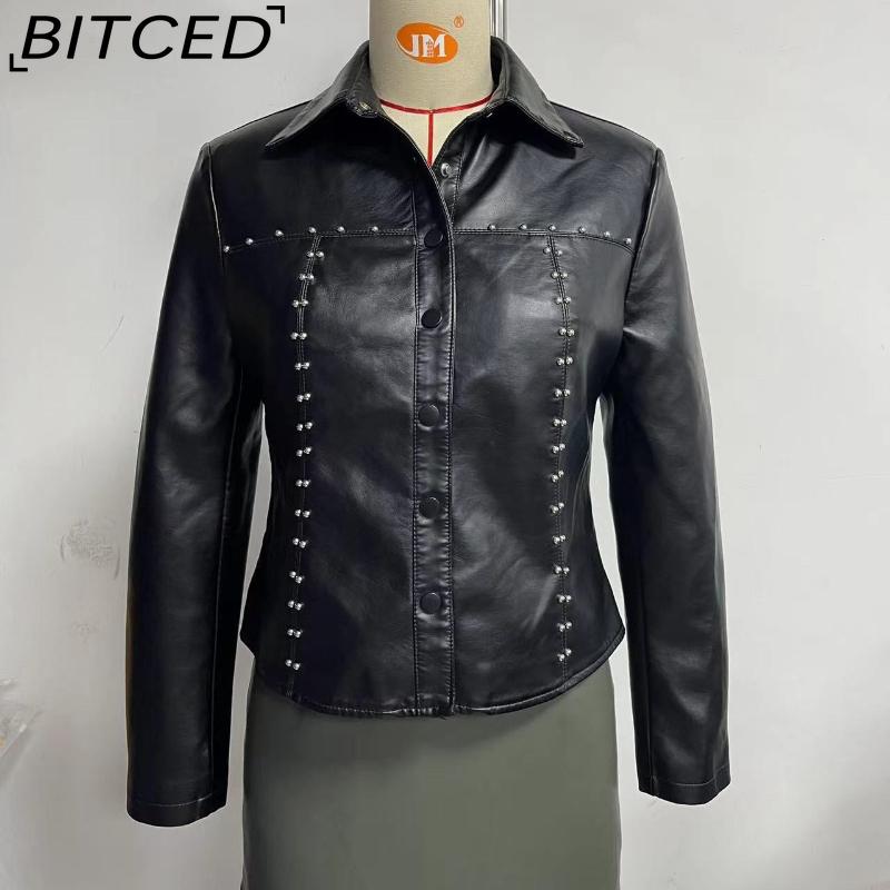 BITCED Women's Spring/Autumn Studded Leather Jacket Cardigan Button-Up Leather Clothing Fashionable Lightweight Outerwear