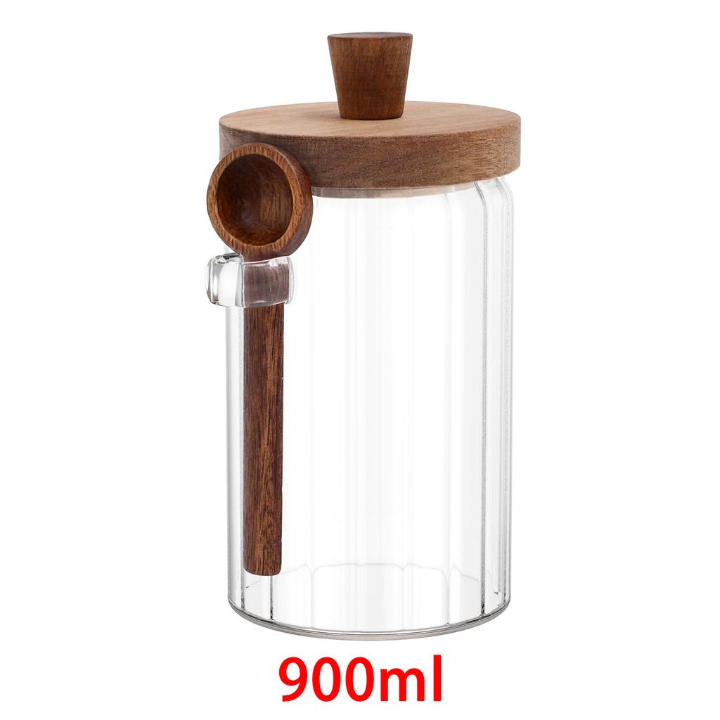Glass Jar with Wooden Lid and Spoon Transparent Airtight Food Storage Jar Kitchen Coffee Beans Tea Sugar Canister