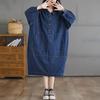 Women Casual Long Dress Turn-down Collar Solid Color Loose Female Denim Dresses