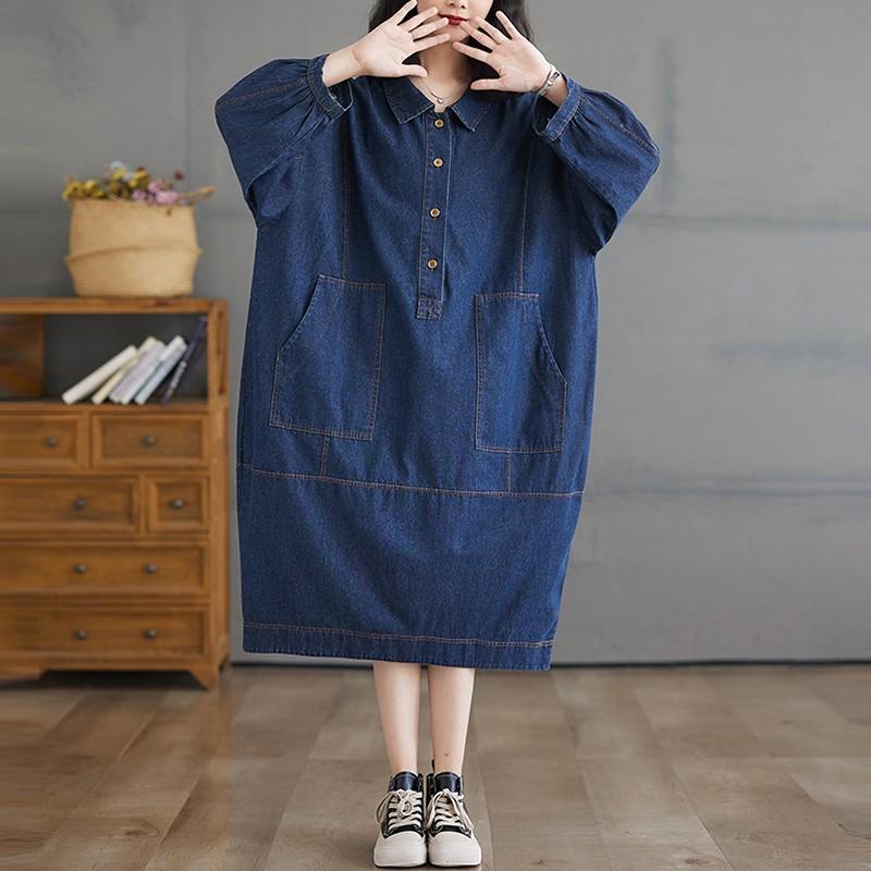 Women Casual Long Dress Turn-down Collar Solid Color Loose Female Denim Dresses