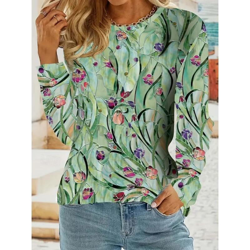 Women's T Shirt Print Floral Graphic Paisley Vintage Fashion Stylish Long Sleeve Crew Neck Round Neck Regular Tops