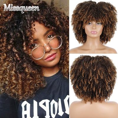 Parrucche Afro Kinky Ricci Corte con Frangia per Donne Nere Sintetiche Omber Senza Colla Parrucche Cosplay Alta Temperatura