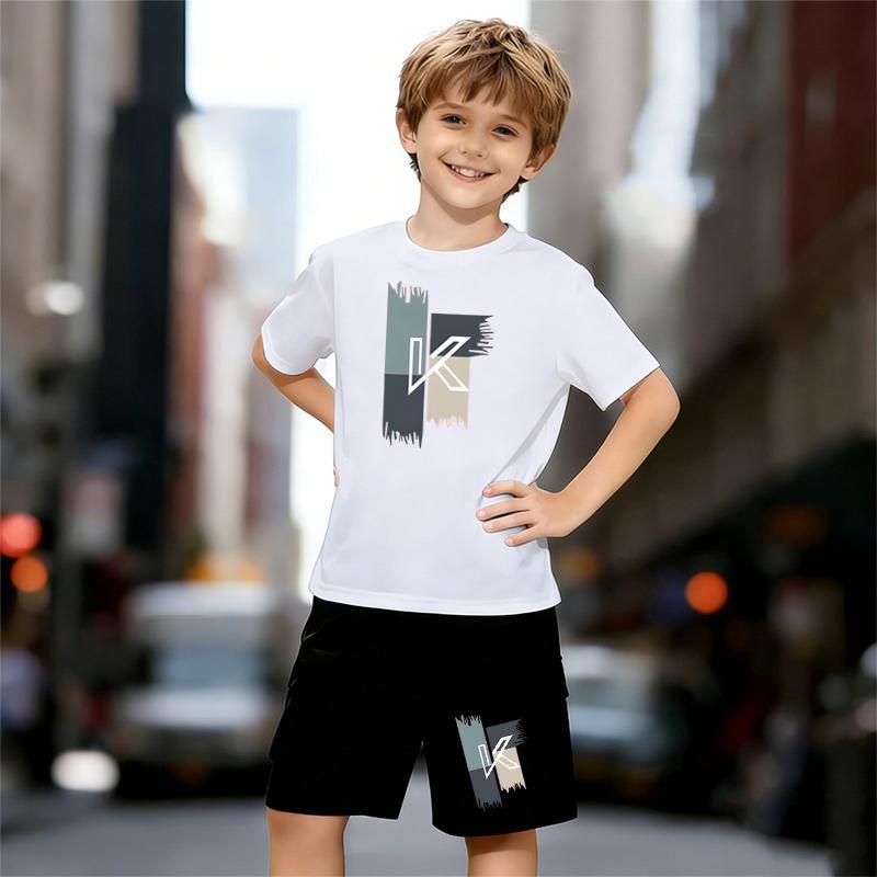 

Boys 2 Piece Letter K Design Pattern Outfit, Short Sleeve T-Shirt and Shorts Set for Kids Age 5-14,Black and White Sporty Casual Summer Clothes 13-14 Years