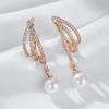 Unique Geometric  Rose Gold Pearl Long Drop Earrings For Women Shiny Natural Zircon Accessories Bridal Wedding Jewelry