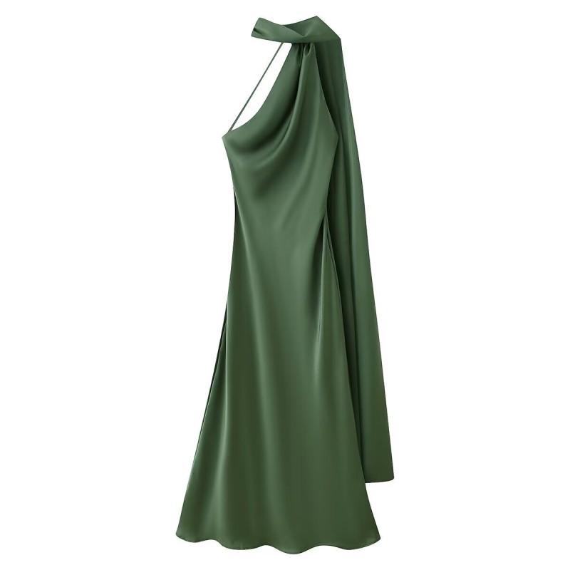 Elegant Off-Shoulder Backless Wrap Tie Neckline Maxi Dress Women 2025 Slim Fit High Waist TR Fabric