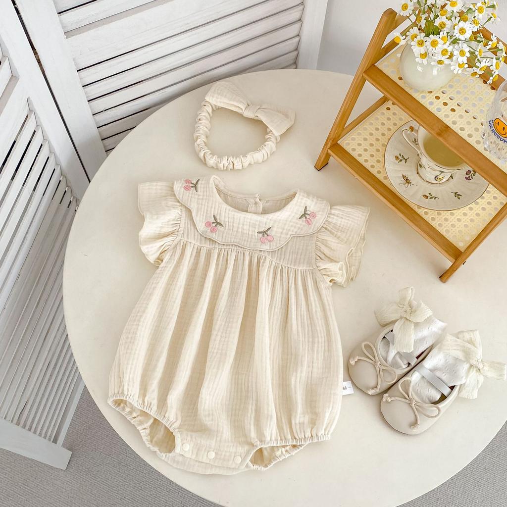 Baby Girl Summer Floral Embroidered Peter Pan Collar Short Sleeve Romper