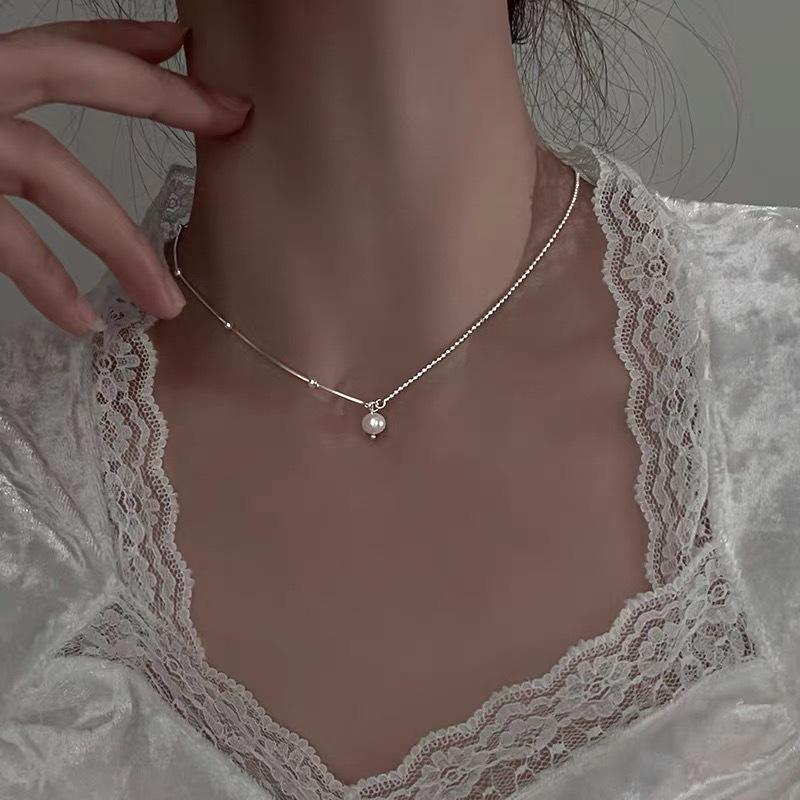 Elegante Damen S925 Sterlingsilber Perlenanhänger Halskette - Leichte Luxus Schlüsselbeinkette