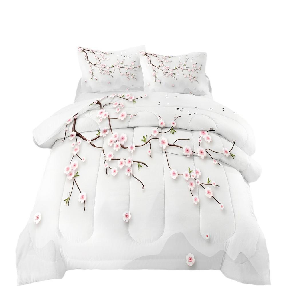 Peach Blossom Landscape Painting Fat Quilt Printing Quilt 3d Printing Bedding Feather Silk Cotton Thickened Quilt Cover Three-piece Set