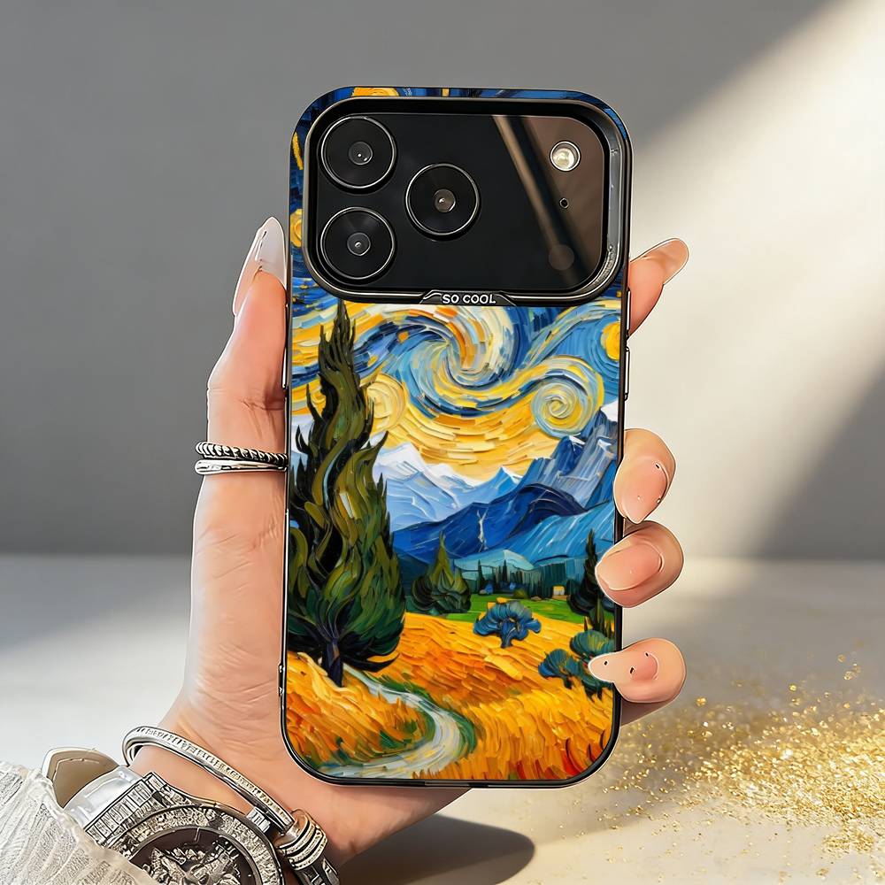 V-Van G-Gogh The Starry Night Phone Case For iPhone17,16,15,14,13,12,11,Pro,MAX Gray Matte Silicone Black Cover