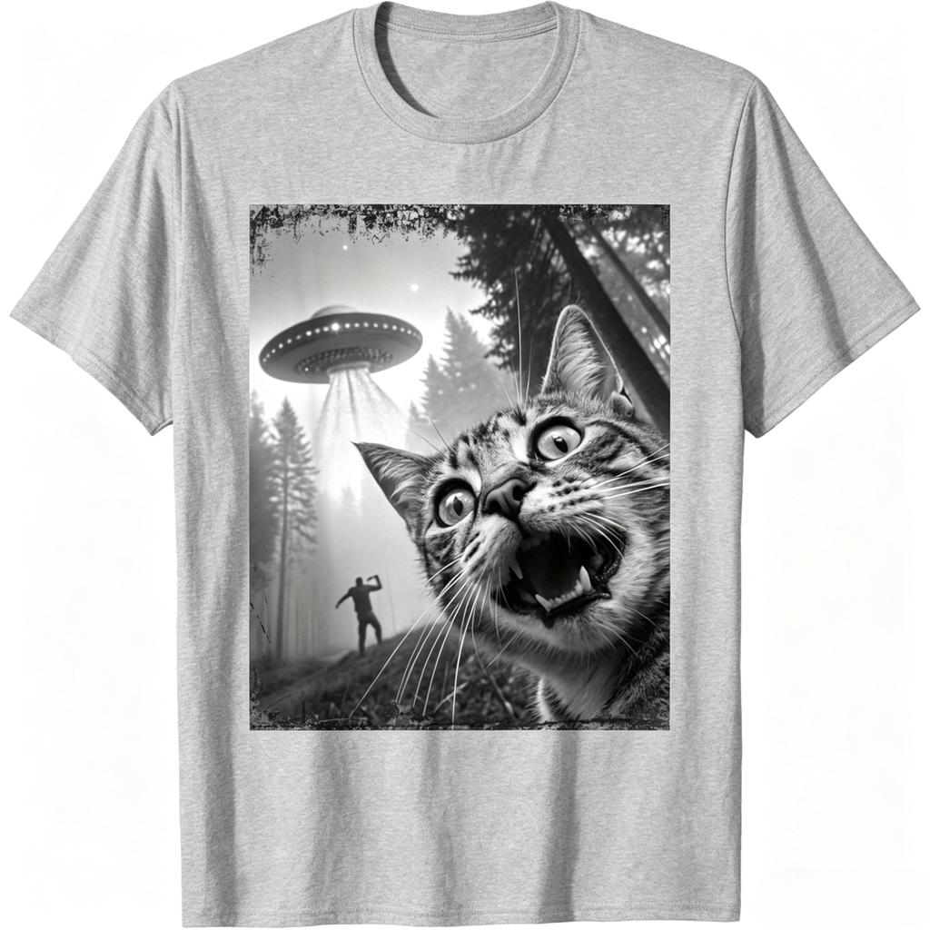 Funny Cat Ufo Selfie TShirt Saucer Graphic Tee With Curious Cat Taking Picture Unisex Casual Crew Neck Short Sleeve Shirt