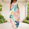 Women Plus Size Round Neck Short Sleeve Abstract Printed Loose Maxi Dress With Side Pockets