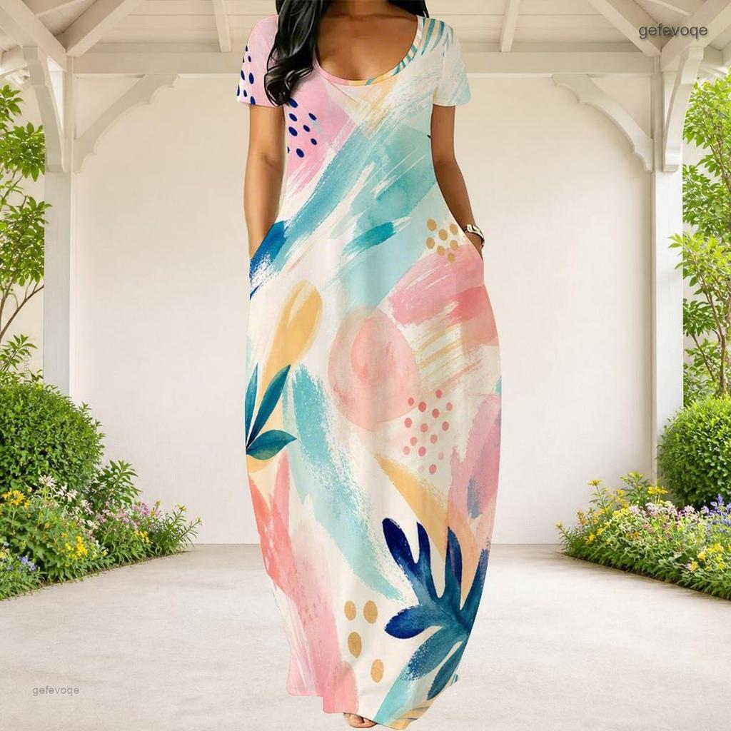 Women Plus Size Round Neck Short Sleeve Abstract Printed Loose Maxi Dress With Side Pockets