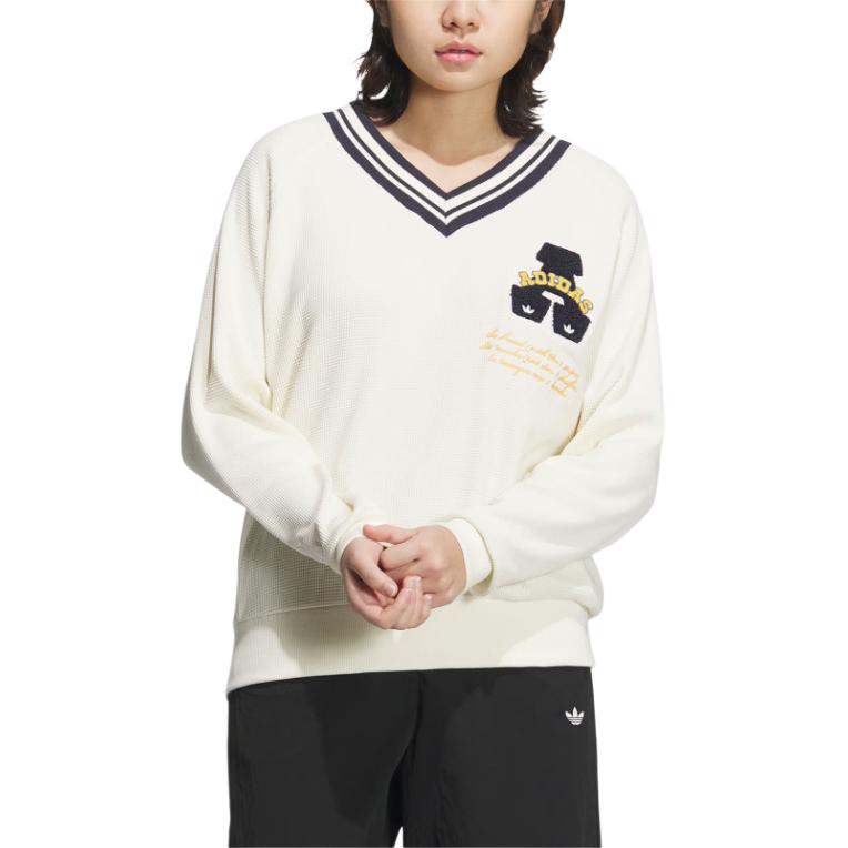 Adidas Originals FW24 Collegiate Series Letter Print Loose V-Neck Long Sleeve Sweatshirt Women Sweatshirt Off-White JD6377