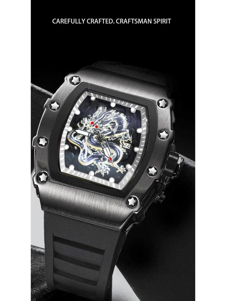 2024 Herren Tonneau Silber Drache Quarz Uhr: Lässig, Sportlich, Leuchtend, Wasserdicht, Vollautomatisch.