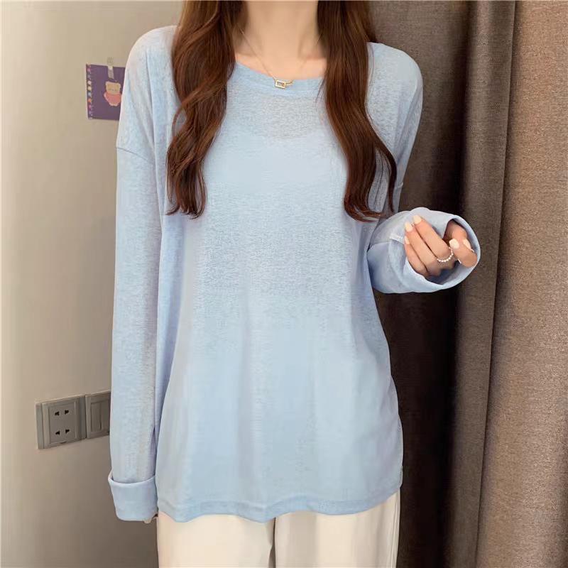 Summer Solid Long Sleeve T-shirts Women's Casual Loose Thin Slightly Transparent Sun Protection Cover Tops Tees Female