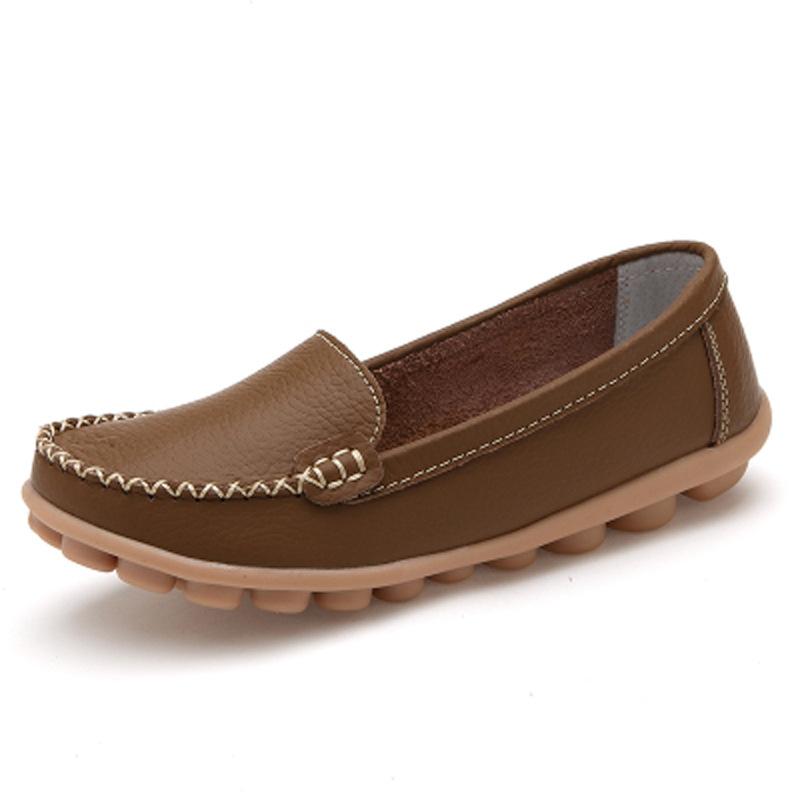 Shoes for Women Spring Large Size Genuine Leather Women's Shoes Round Toe Flat Casual Shoes for Women Non-slip Pregnant Women Bean Shoes for Women