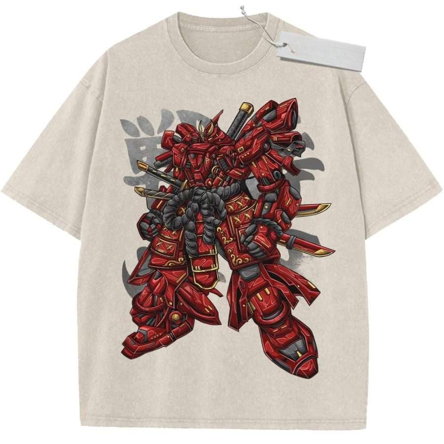 Summer Mens Black Washed T  Shirt Mobile Suit Gundam Red Samurai Mecha Gold Sword High  Quality Fabric for Casual