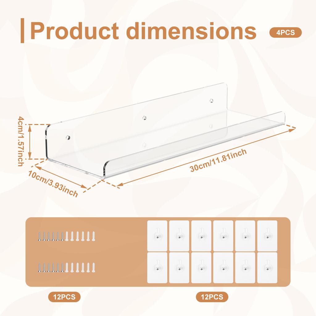 4-12Pcs Acrylic Storage Rack Wall Mounted Clear Floating Display Shelves Book Record Handwork Toy Storage Rack